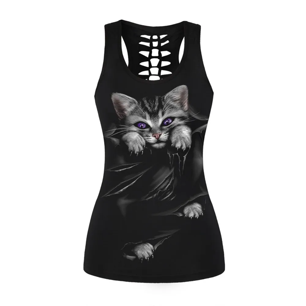 Summer Style Women 3D Cute Cat Printed Black Tank Tops O Neck Sexy Back Hollow Out Sleeveless Shirts Slim Fitness Black Vests