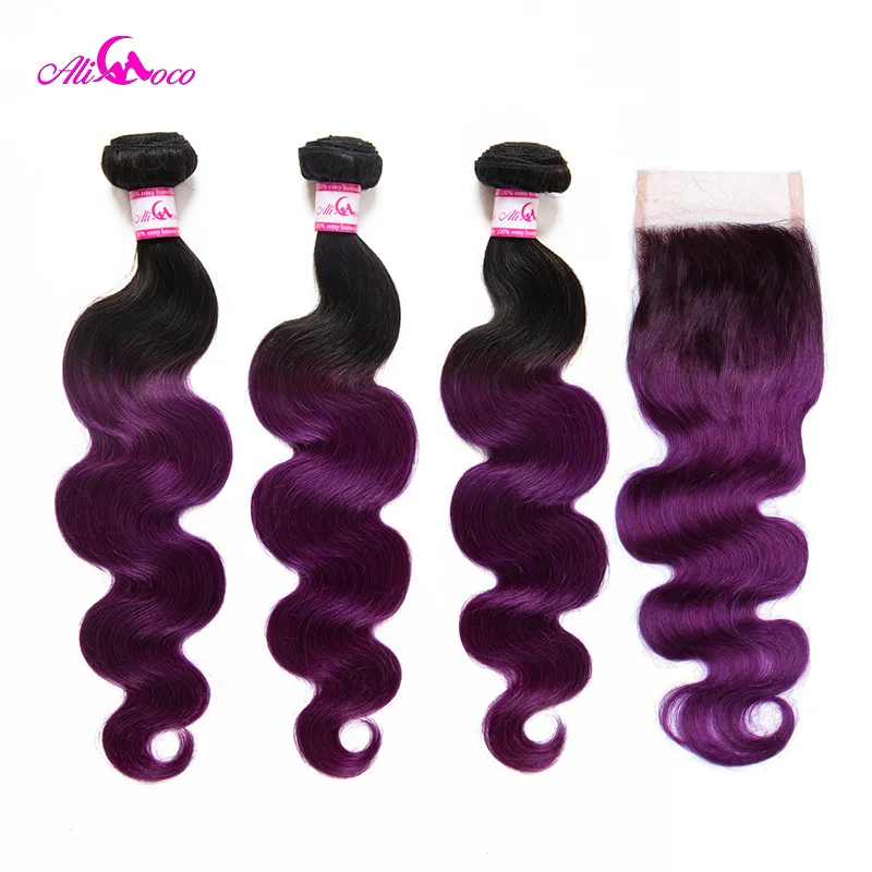 Ali Coco Body Wave 3 pakiet z zamknięciem 1B/fioletowy kolor brazylijskie pasma włosów z zamknięciem 8-28 cali doczepiane włosy Remy