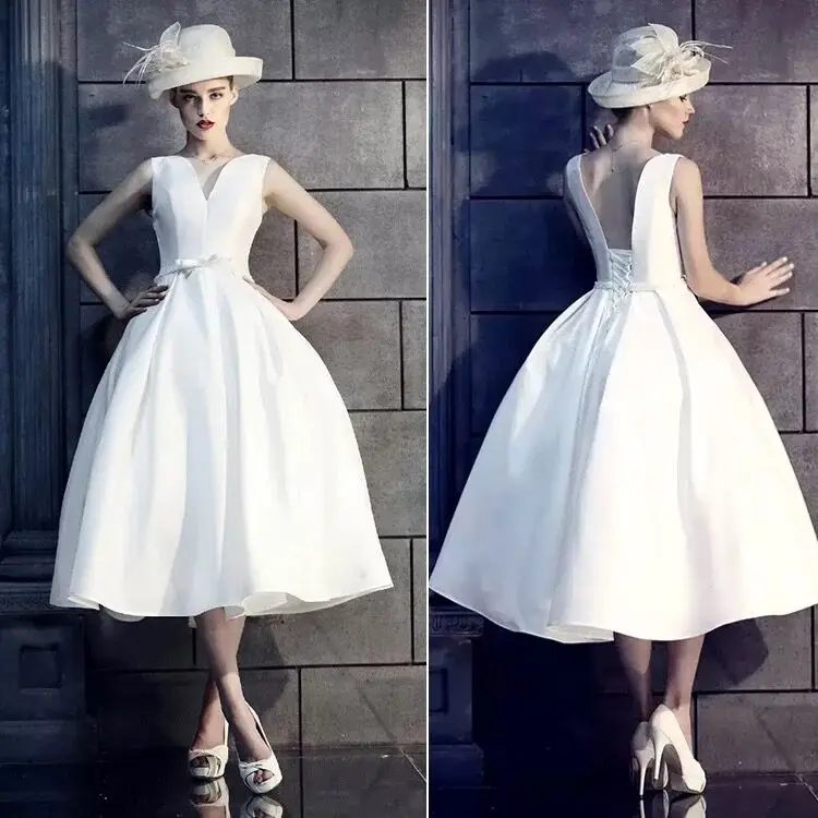 

robe de spriee Дешевое бальное платье с v-образным вырезом и открытой спиной из атласа чайной длины Платья для выпускного вечера 2025 Элегантные вечерние платья Vestido De Festa