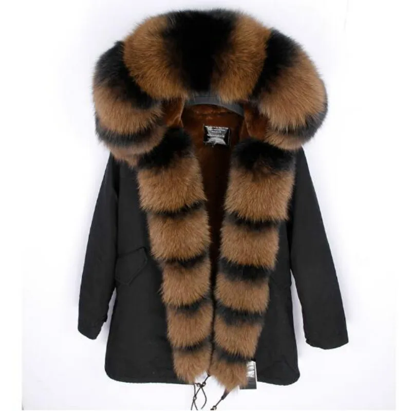 2022 new natural large fox fur collar outwear thick warm faux fur Liner long winter jacket