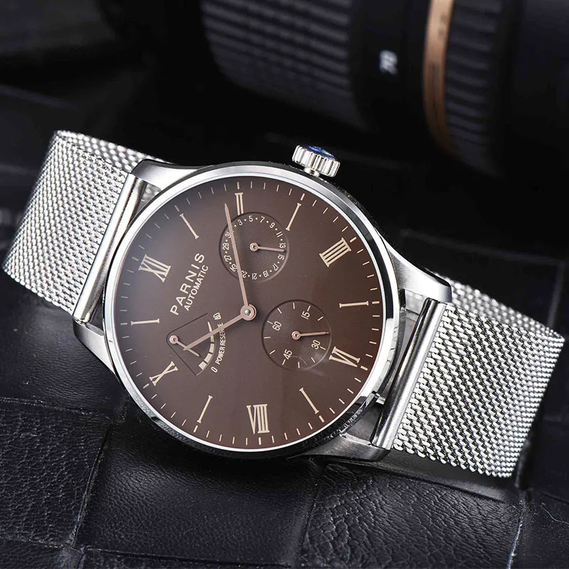 Parnis Power Reserve Mechanical Automatic Self Winding Men Watch Brown Leather Strap Men\'s Watches relogio masculino Watch Box