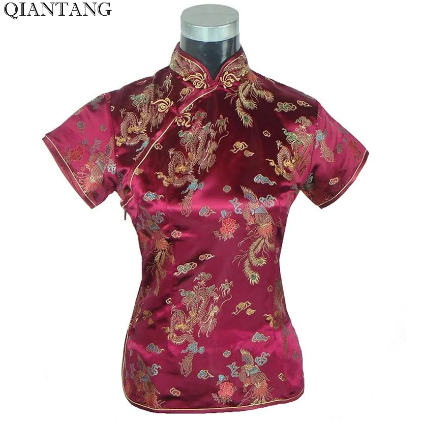 

Summer Women's Shirt Tops Vintage Chinese Lady Satin Blouse Short Sleeve Button Qipao Mujer Camisa Size S M L XL XXL