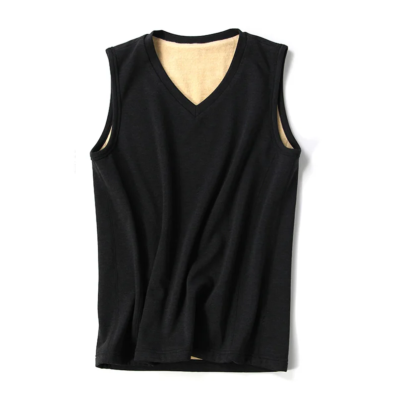 Men basic Tank Tops 100%Natural Silk Fleece Solid tank Mens V neck Slim top 2021 Fall Winter New Black