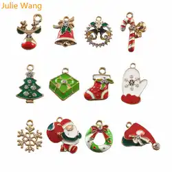 Julie Wang 12pcs Alloy Enamel Santa Claus Christmas Tree Shoe Deer Snowflake Charms Pendant Jewelry Making Christmas Decoration