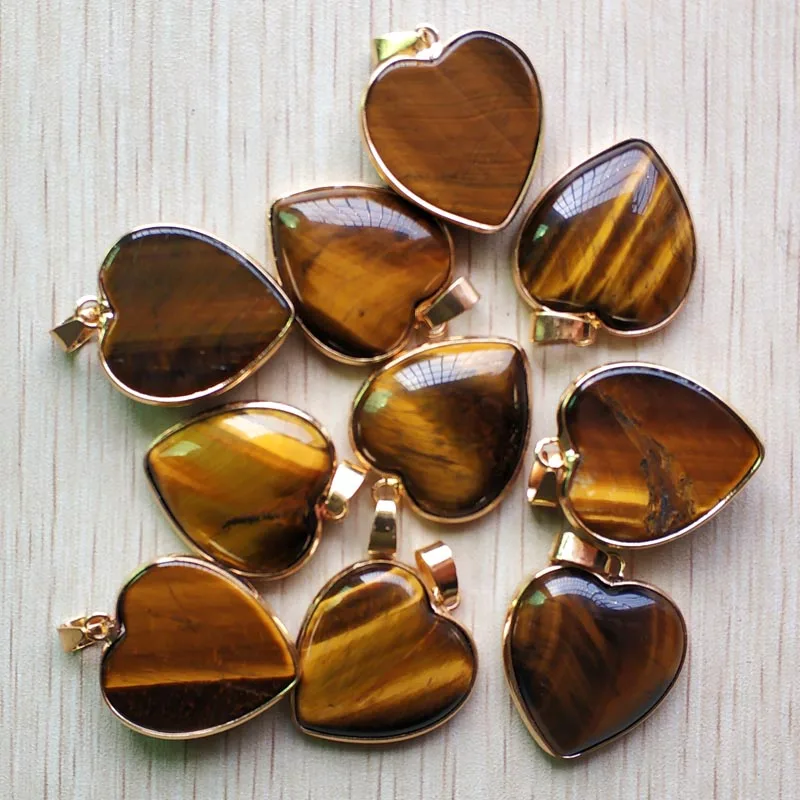 wholesale 10pcs 2024 good quality natural tiger eye stone gold-plate side heart pendants 25mm for jewelry making fast shipping