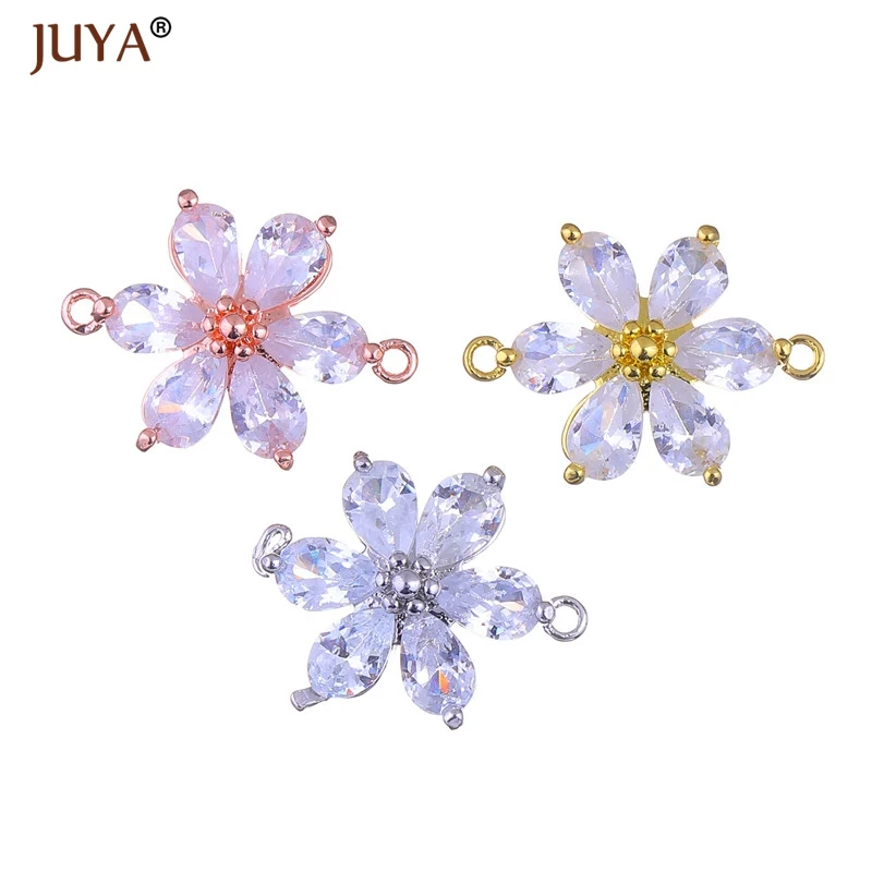Jewelry Findings Components Luxury Cubic Zirconia Crystal Flower Connectors For Diy Bracelets Necklace Earrings Accessories