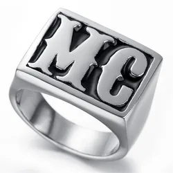 Punk Black Silver color Tone Carved Letter MC Signet Rock N Roll Mens Boys 316L Stainless Steel Ring