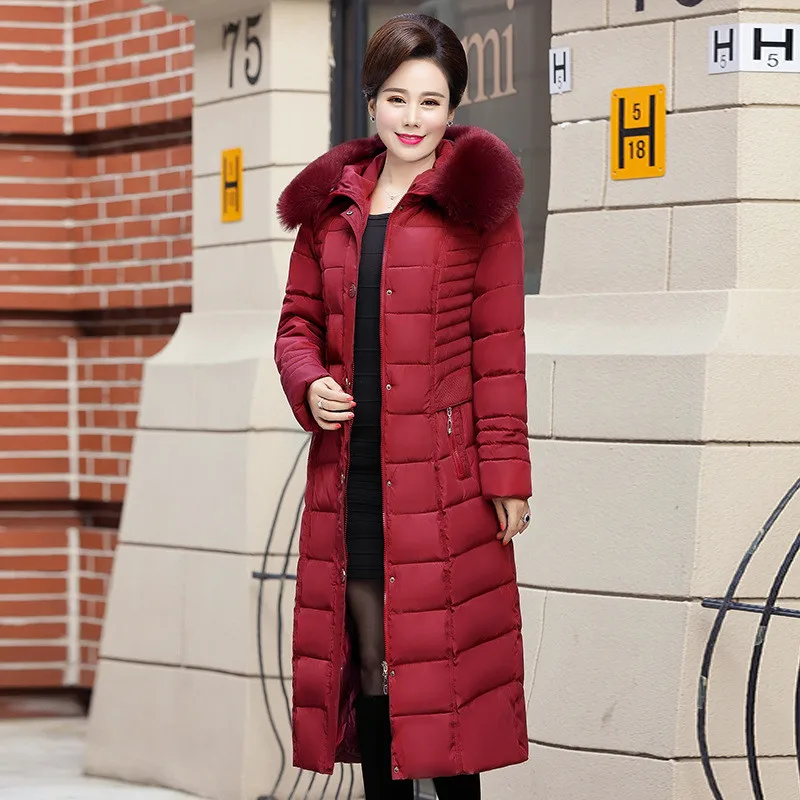 2022 New Winter Parkas Women Down Cotton Jacket Slim Waist Lengthen Coat Middle aged Female Thick Fur Collar Hooded Outwear N209