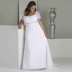 Charming Square Neck Plus Size Wedding Dress Vestido De Noiva Short Sleeves Beading Sequins Chiffon Beach Bridal Gown