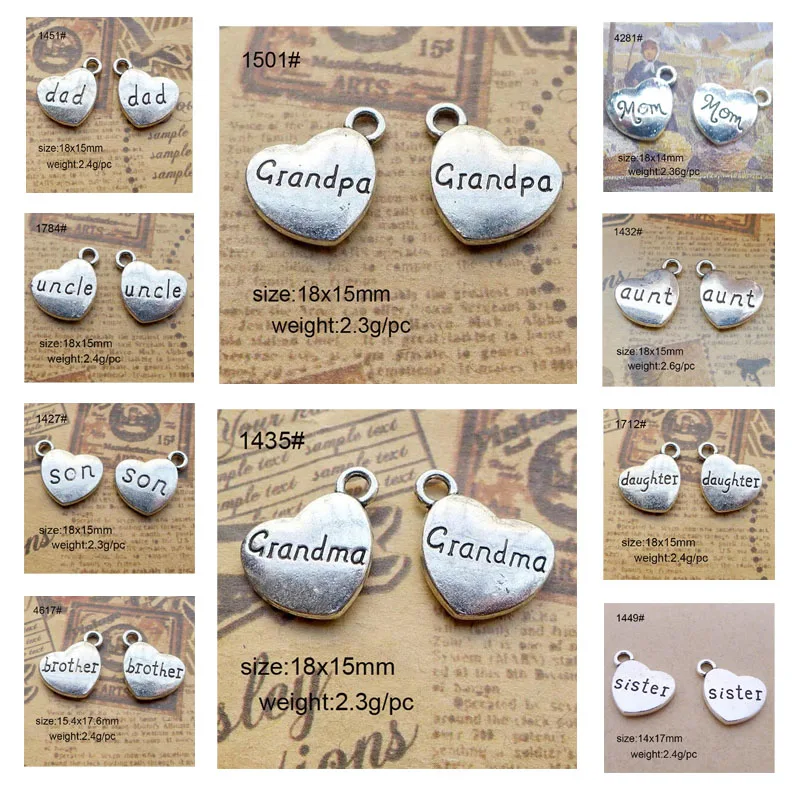 25pcs/lot Heart Charms Grandpa Grandma Daughter Son Mon Dad Brother Sister Uncle Aunt Letter Charms