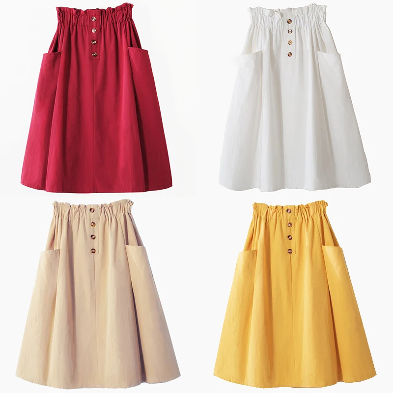 Harajuku High Waist Midi Skirt Women Peplum Button Pocket Pleated Girl vintage Yellow Korean Elegant A Line School Skirt 204