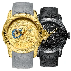 Reloj mecánico para hombre, relojes grandes, reloj de pulsera negro lleno de oro, escultura creativa 3D dragón con láser grabado, reloj de viento para hombre