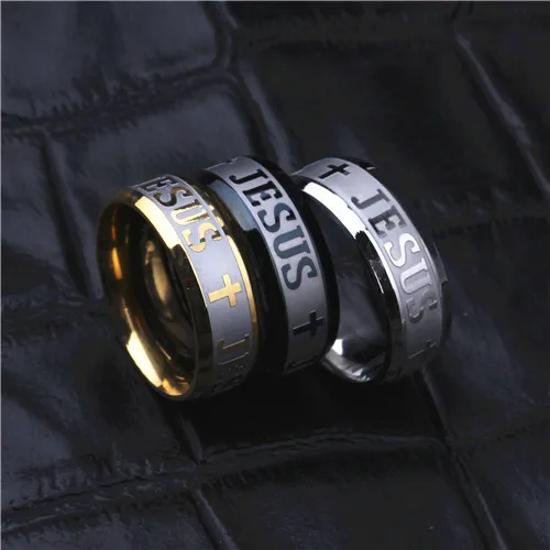 MANGOPIE High quality large size 8mm 316 Titanium Steel gold plated jesus cross Letter bible wedding band ring men women