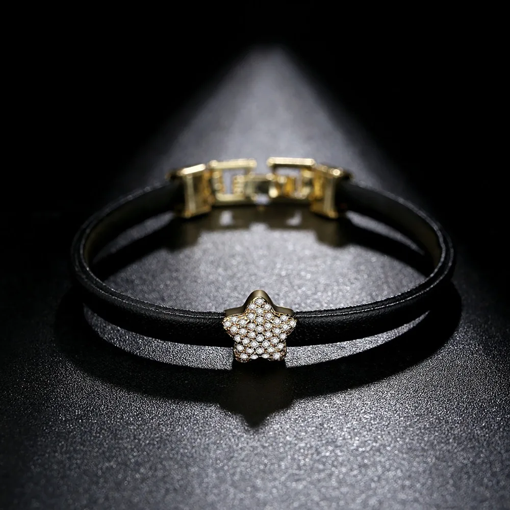 LUOTEEMI Gold-Color Trendy Handmade Black Leather Bracelet With Cubic Zirconia Star Beads Charm Bangle Bracelet for Women Gifts