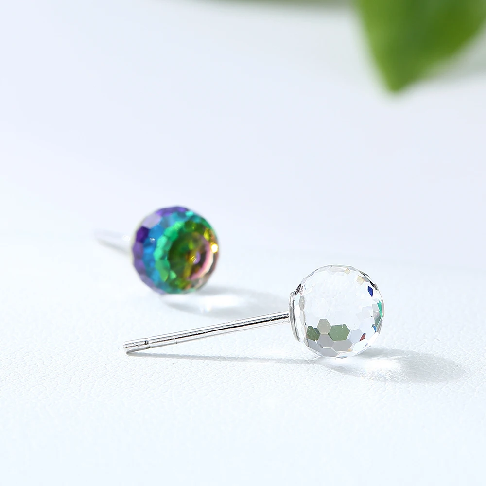 Real 925 Silver Ball Stud Earrings Disco Fancy Stone Original Crystals From Austria Piercing For Women Party Wedding Jewelry