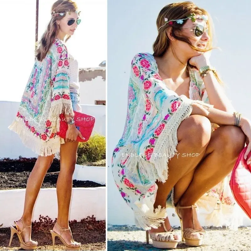 New Hot sale Womens Elegant Top Boho Beach Summer Floral Tribal Kaftan Kimono Tassels Cardigan Loose graceful beauty Blouse