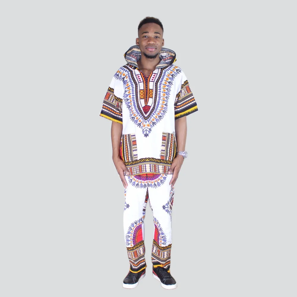 Unisex White Dashiki Set Top Hippie Blouse Hoodies and Pants Set with Pockets