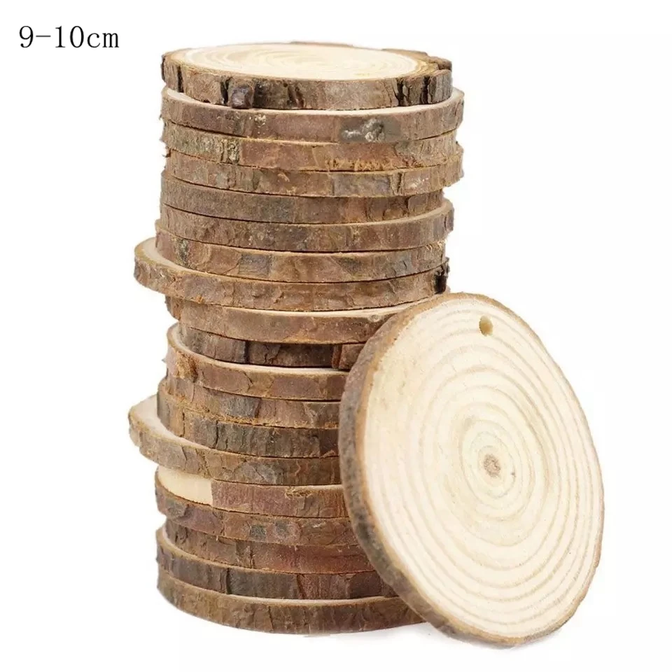 

50 pcs 9-10cm nature bark wooden slices with hole wood rounds ornamets tag slices
