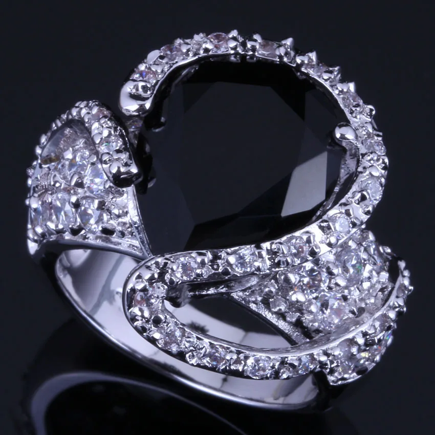 

Amazing Big Water Drop Black Cubic Zirconia White CZ Silver Plated Ring V0569