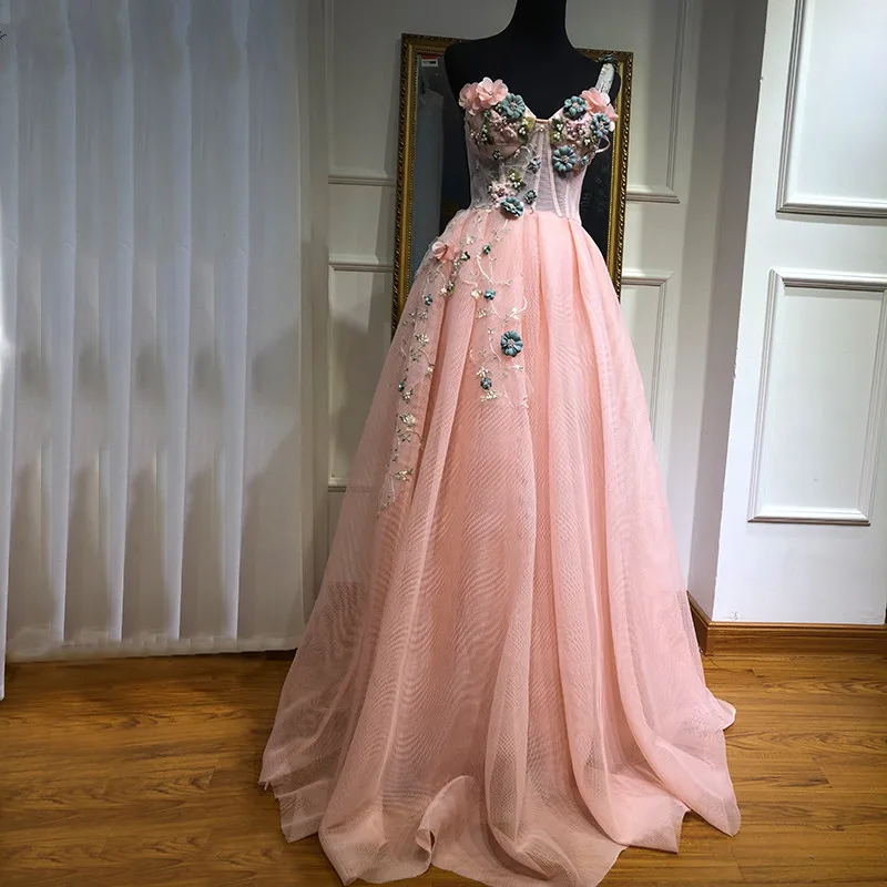 

Pink Muslim Evening Dresses A-line One-shoulder Tulle Pearls Long Islamic Dubai Saudi Arabic Long Formal Evening Gown