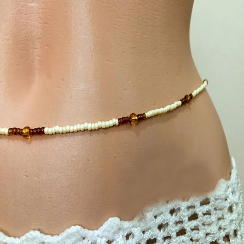 New Fashion White Brown Beads Belly Chain For Women Body Jewelry Gold Color Elastic Body Waist Chain 2021 Bohemia Beach Jewelry