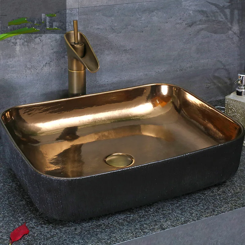 

Rectangular Europe style chinese washbasin sink Jingdezhen Art Counter Top gold with black ceramic wash basin bathroom sink