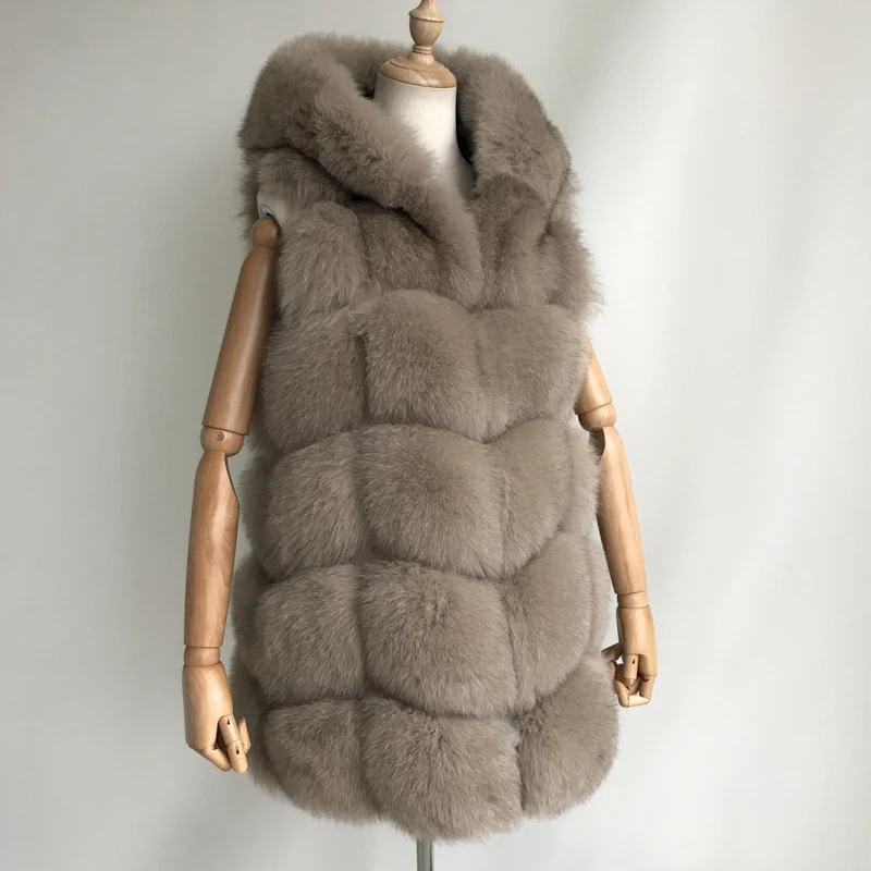 Natural Fox Fur Vest Hood Women Genuine Fox Fur Sleeveless Hooded Jacket Full Pelt Women Real Fox Fur Gilet with Fur Hood