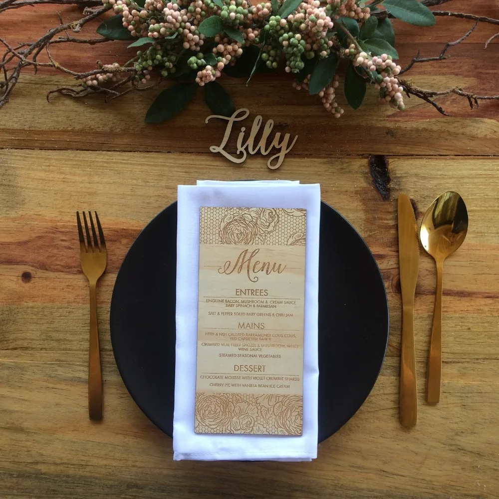 Vintage Wooden Menu, Laser cut wood menus. ,Personalized Wedding Wooden Menu