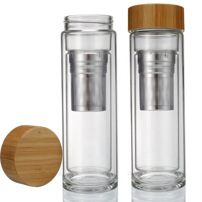 400ml Glass Cups Double Layer Bamboo Lid Cover Tea Tumbler Transparent Water Bottles Cups Leakproof Tea Strainer S2017309