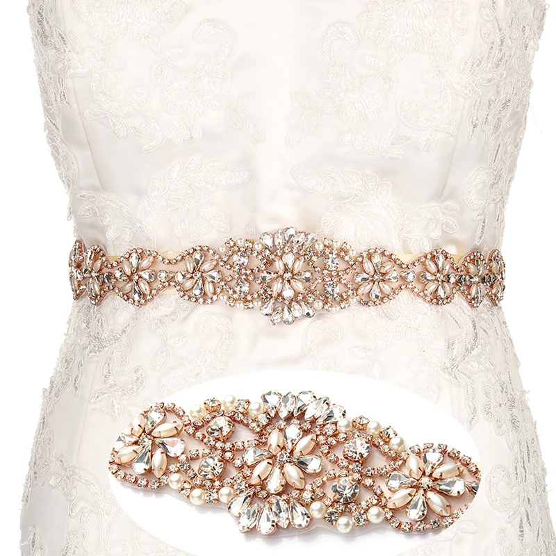 Yanstar Hand Bruids Strass Naaien Op Bruiloft Riemen Rose Gold Crystal Iron Op Linten Met Doos Voor Bruidsjurken