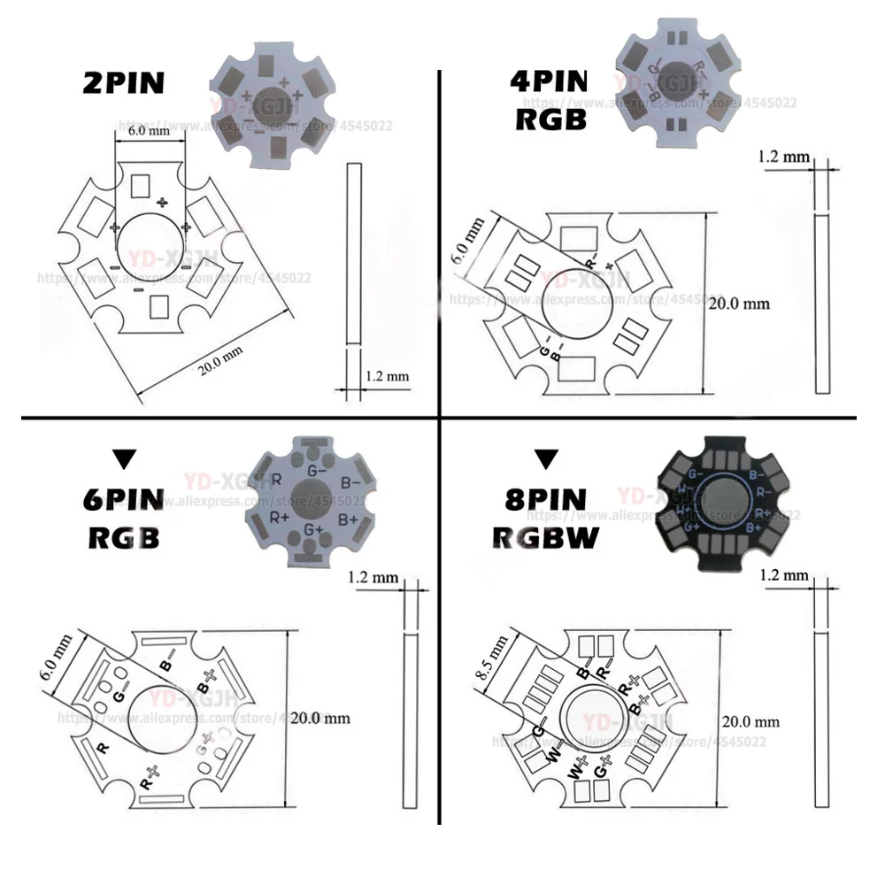 2PIN 4PIN 6PIN 8Pin RGB 20mm Aluminum Heat Sink Base Plate Heat Sink Star PCB Board DIY for 1W3W5W 9W High Power LED Light beads