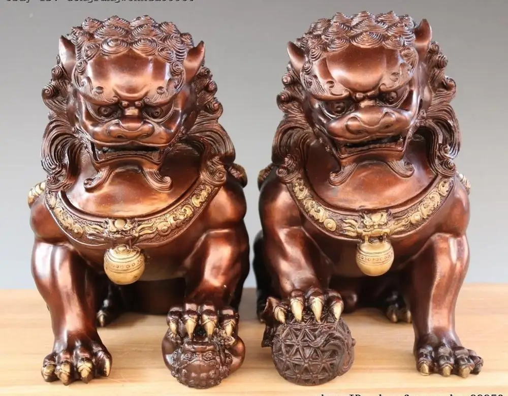 China Royal Palace FengShui Copper Bronze Fu Foo Dog Guardion Lion Animal Statue 23cm