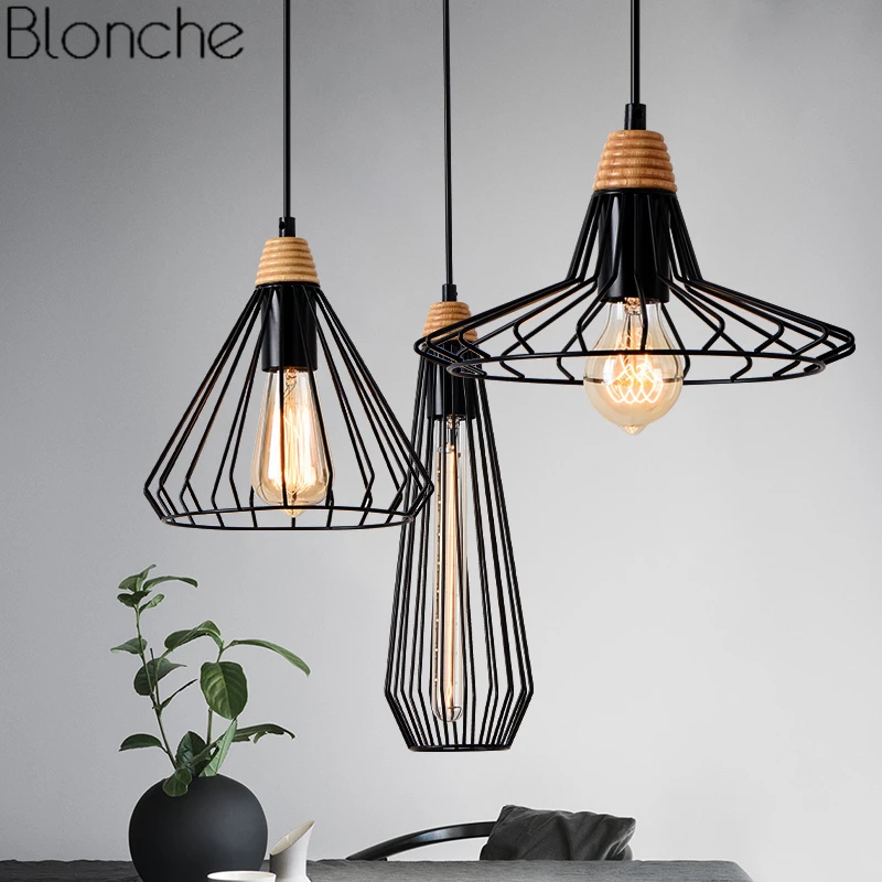 

Cage Vintage Pendant Lights American Loft Industrial Wood Hanging Lamp Dining Room Bedroom Home Decor Led Lighting Fixtures E27