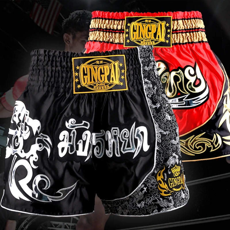 Mens Sanda boxing Shorts MMA Fight trunks breeches Martial Arts Seen Pants Muay Thai Shorts Black Red Short Trunks