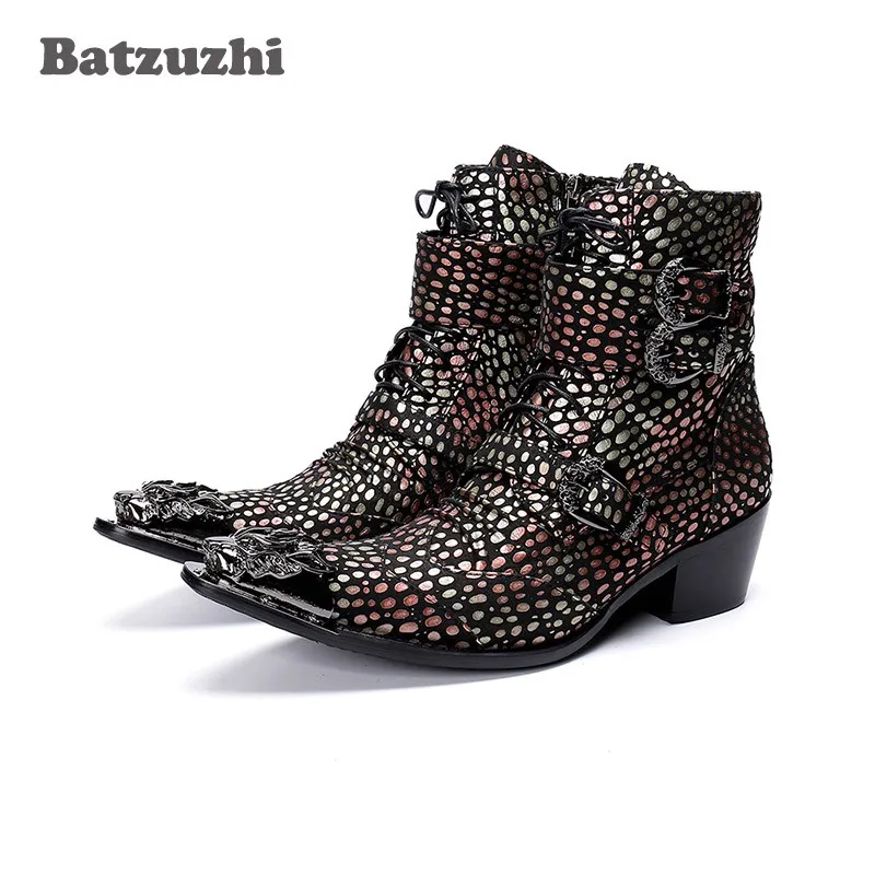 

Batzuzhi Handmade Western Cowboy Boots Men Pointed Iron Toe Color Leather Motorcycle Boots Men Botas Hombre 6.5cm Heels Buckles