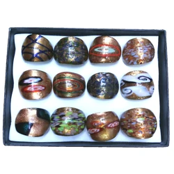 Wholesale 12pcs/lot Mix Designed Painting Glass Rings, Golden Series Of Classical Style Murano Rings