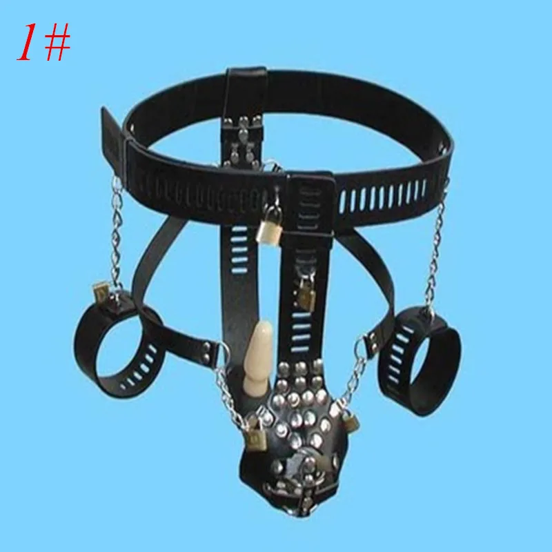 Male Chastity Belt with Handcuffs Anal Plug Chastity Lock PU Chastity Belts Bondage Kits Device Sex Toys for Men G7-4-93