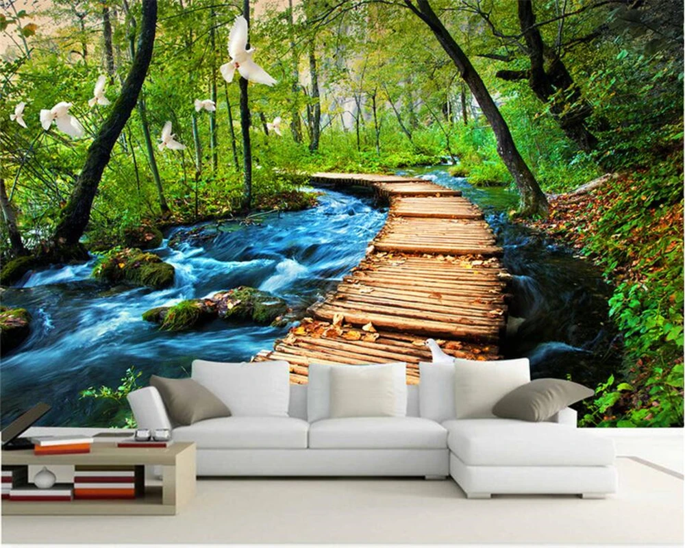 

Beibehang Custom Wallpaper Bridge Waterfalls Trees 3D TV Living Room Bedroom Background Walls 3d wallpaper mural papel de parede