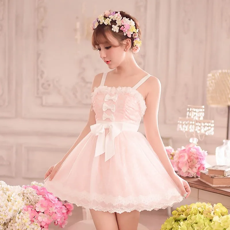 

Princess sweet lolita dress Candy rain sweet Summer Japanese pink bow lace sleeveless shoulder-straps princess dress C15AB5788