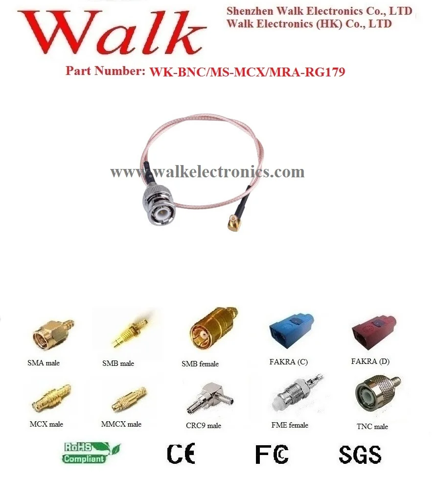 

MCX BNC rg179 cable/BNC jumper cable/BNC connector cable: BNC male straight to MCX male right angle with rg179 cable