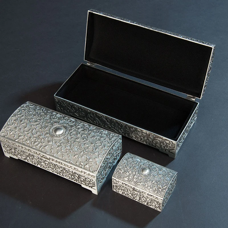 European Accents Vintage Rectangle Shaped Embossed Antique Pewter Jewelry Storage Metal Trinket Box Small Middle Large