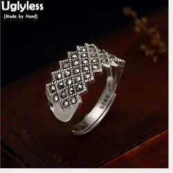 Uglyless 100% Real 925 Sterling Silver Handmade Geometric Open Rings for Women Thai Silver Fine Jewelry Square Female Ring Bijou