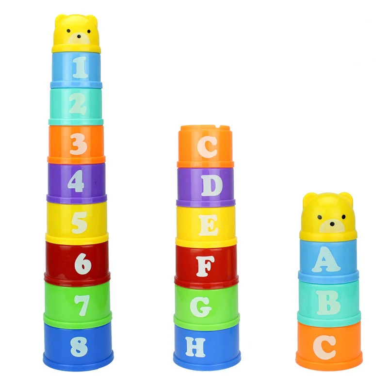 9 PCS Kids Overlap Cup Number Stacking Block Water Toy Baby Children Learning and Education Color Letter Beach Tool