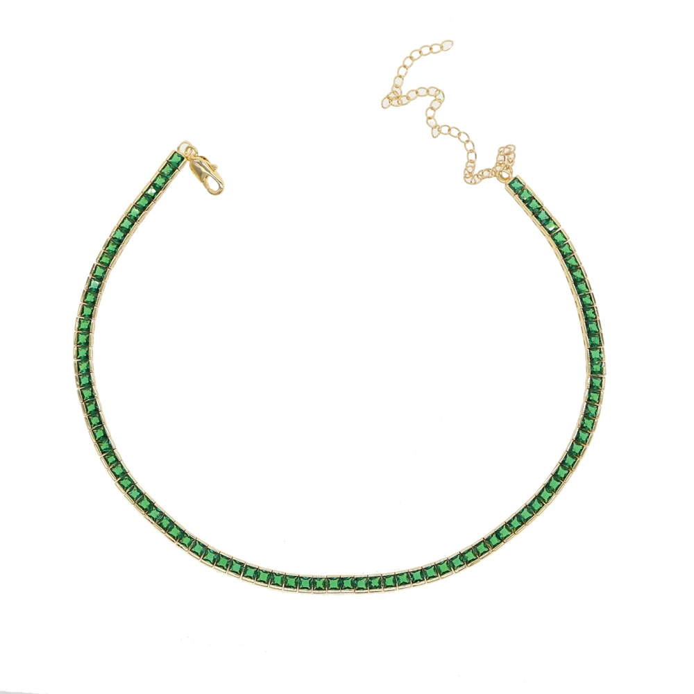 Collar de circonia cúbica para mujer, gargantilla de cadena de tenis de arcoíris verde de 4MM, con capas extendidas de 30 + 10cm, joyería de zirconia cúbica con bisel