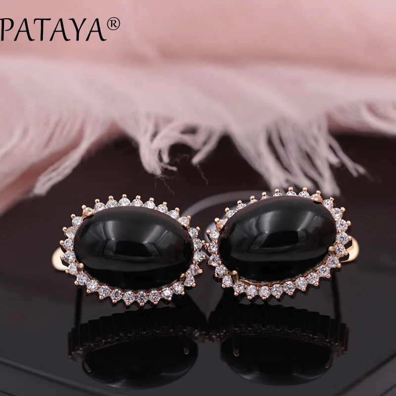 PATAYA New Arrivals Onyx Natural Stone Big Dangle Earrings For Women White Cubic Zircon  585 Rose Gold Color Wedding Jewelry