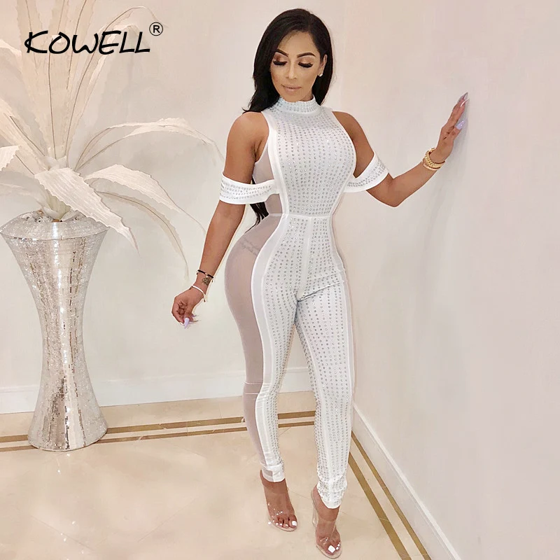 Drilling Women Jumpsuit Stand Neck Sexy Mesh Patchwork Slim Perspective Jumpsuit Night Club Female Bodycon Jumpsuit Plus Size