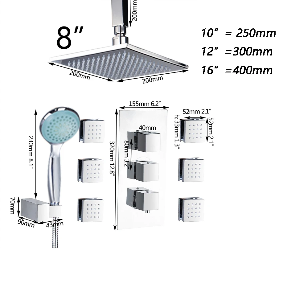 JIENI 8 10 12 16 Inch LED Shower Head & Hand Rainfall Bathroom Kit Hand Shower Sets Faucet Wall Mount Square 6 pcs Shower Jets