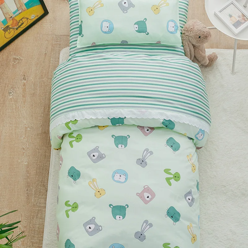 3Pcs 100% Cotton Crib Bed Linen Kit Cartoon Baby Bedding Set Includes Pillowcase Bed Sheet Duvet Cover Without Filler