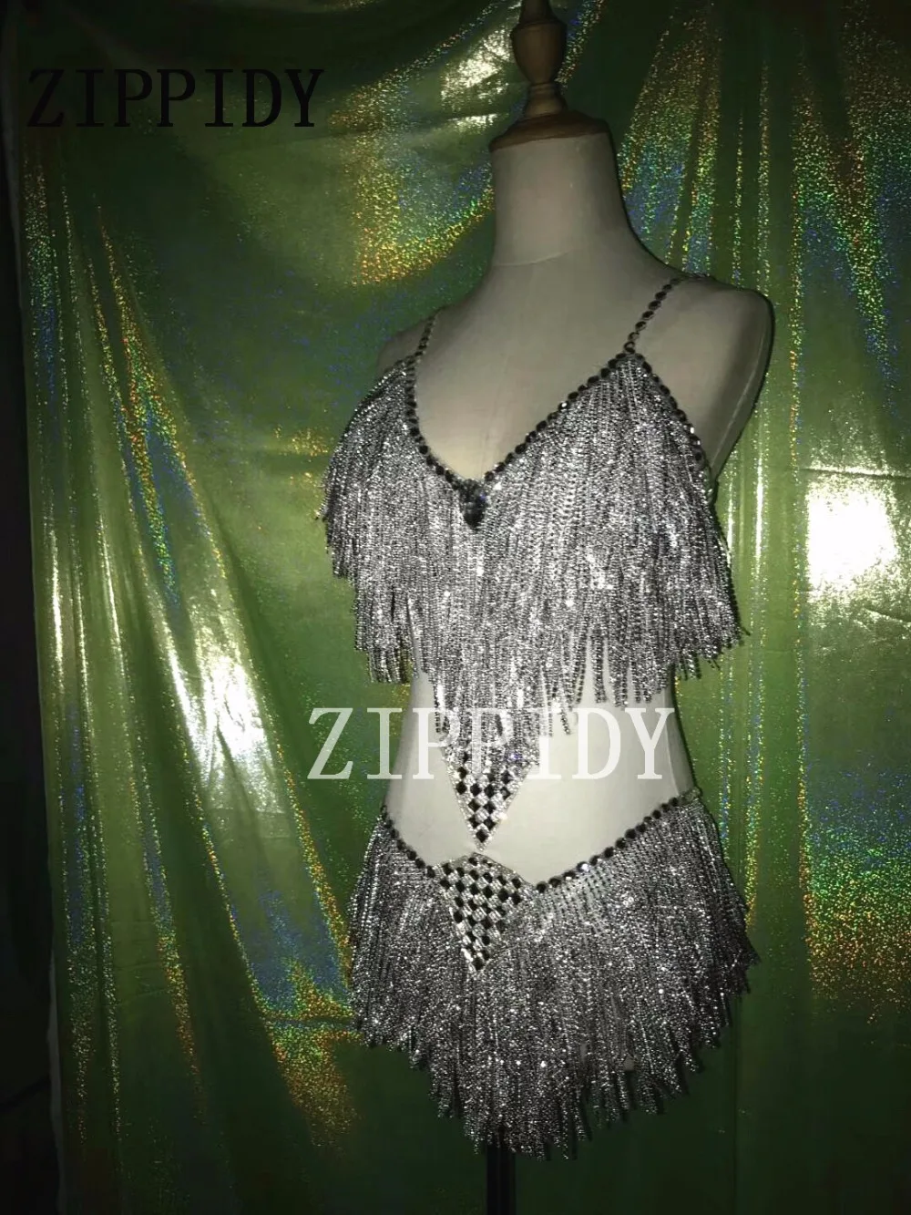 Sexy Silver Rhinestones Tassel Bodysuit Costume Nightclub Dj Celebrate Performance Outfit Crystals Wear Stage Show Leotard