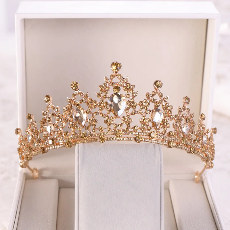 Baroque Gold Color Champagne Crystal Heart Bridal Tiara Crown Rhinestone Pageant Diadem Veil Tiara Headband Wedding Hair Jewelry